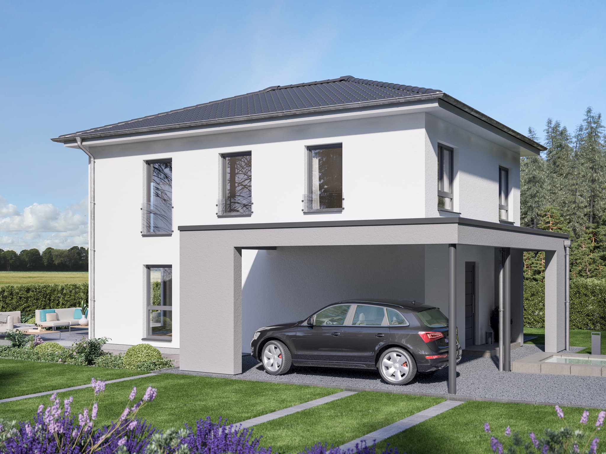 Einfamilienhaus mit Walmdach Architektur & integrierte Carport Garage mit überdachtem Hauseingang - Haus bauen Ideen Bien Zenker Fertighaus EVOLUTION 139 V8 - HausbauDirekt.de