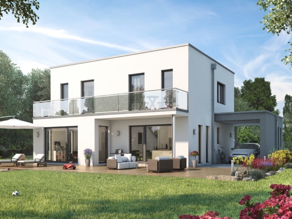 Einfamilienhaus modern mit Flachdach Architektur im Bauhausstil, 5 Zimmer, 145 qm - Fertighaus bauen Ideen Living Haus SUNSHINE 143 V7 - HausbauDirekt.de