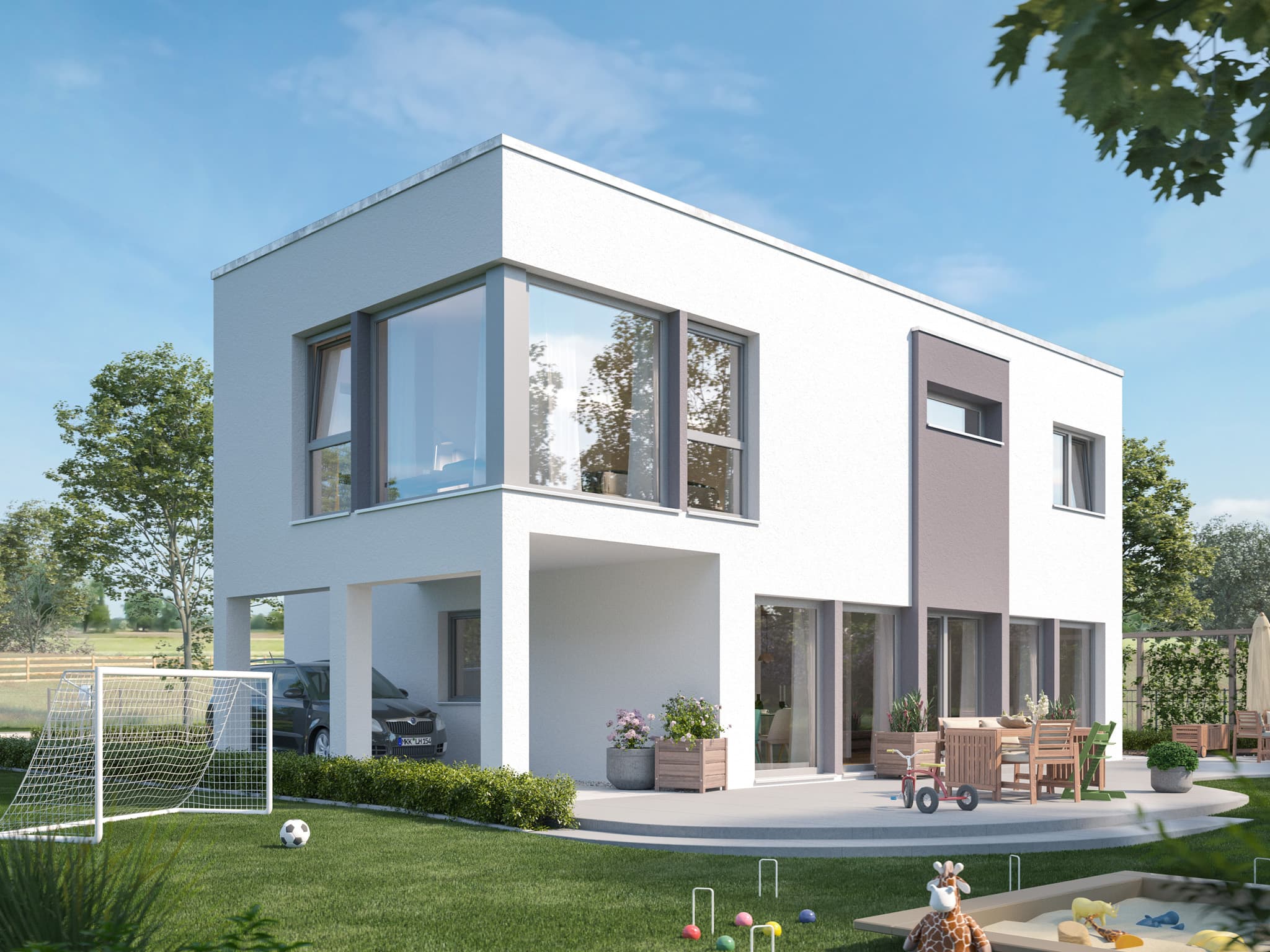 Einfamilienhaus modern mit Flachdach & Carport, 5 Zimmer, 154 qm - Living Haus Fertighaus SUNSHINE 154 V7 - HausbauDirekt.de