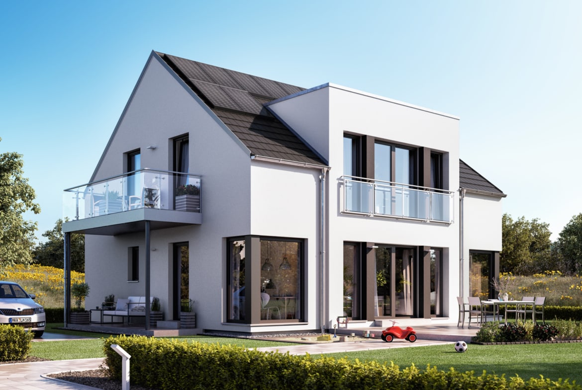 Einfamilienhaus modern mit Satteldach ohne Dachüberstand, Zwerchgiebel & Balkon, 5 Zimmer, 165 qm - Fertighaus SUNSHINE 165 V3 von Living Haus - HausbauDirekt.de