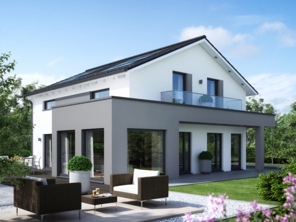 Einfamilienhaus modern mit Satteldach, Erker & Balkon, 5 Zimmer Grundriss, 165 qm - Fertighaus SUNSHINE 165 V4 von Living Haus - HausbauDirekt.de