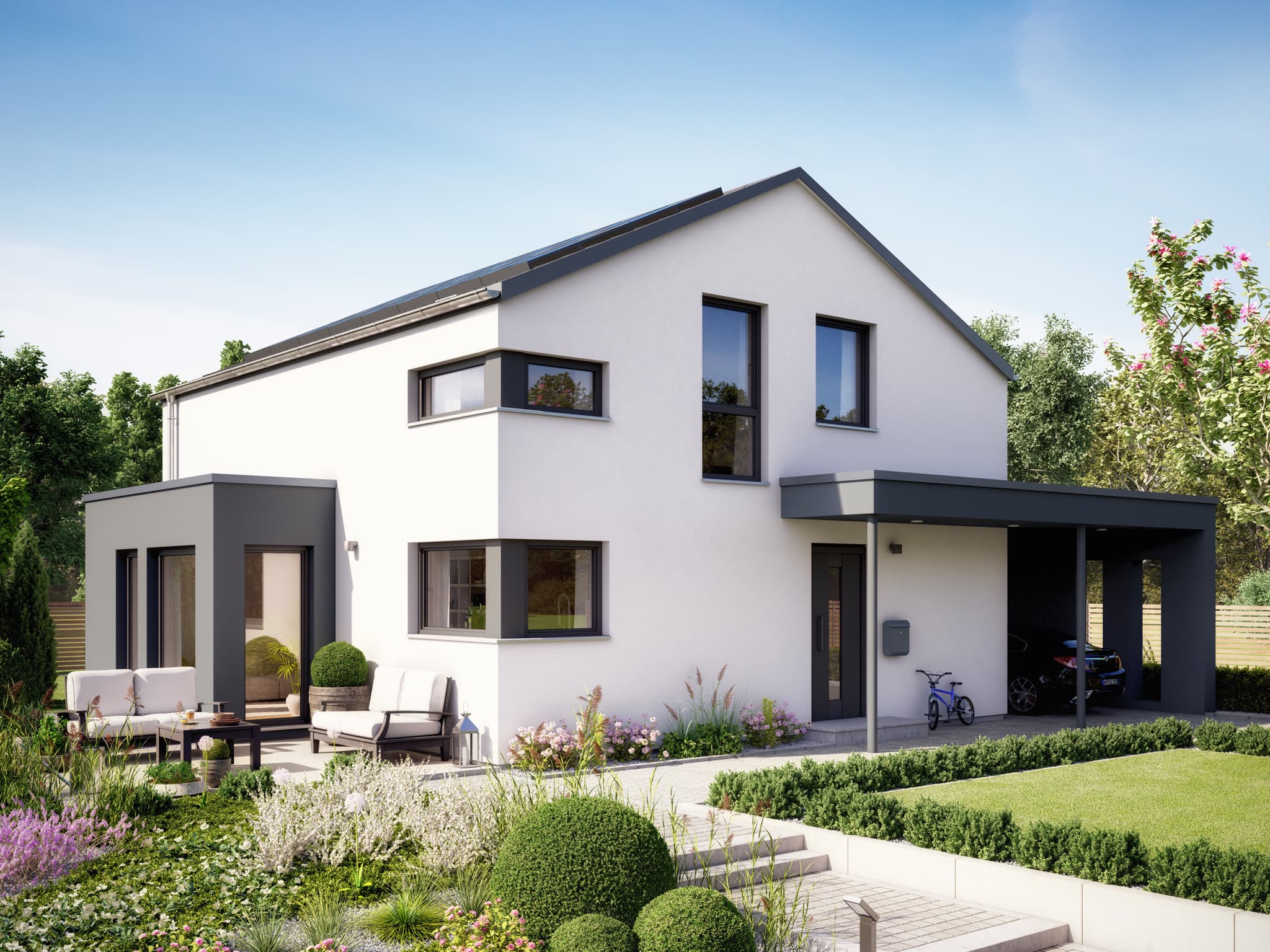 Einfamilienhaus modern mit Satteldach, Carport & Erker, 5 Zimmer, 145 qm - Living Haus Fertighaus SUNSHINE 143 V5 - HausbauDirekt.de