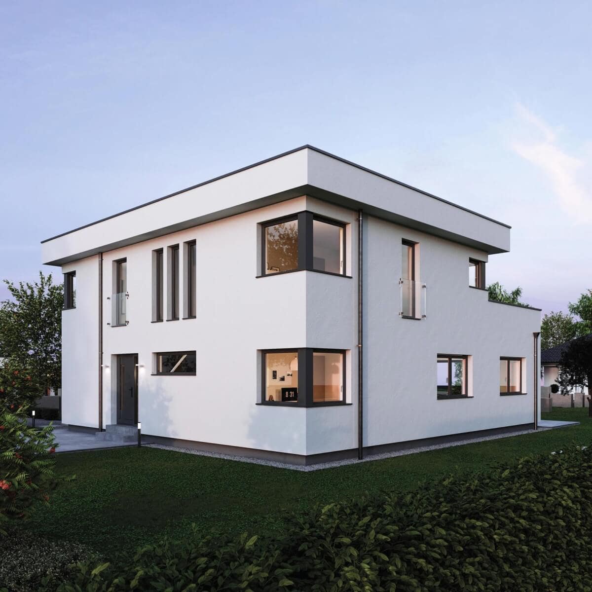Einfamilienhaus Neubau modern im Bauhausstil mit Flachdach & Putz Fassade weiss - Haus Design Ideen Fertighaus ELK Haus 186 - HausbauDirekt.de