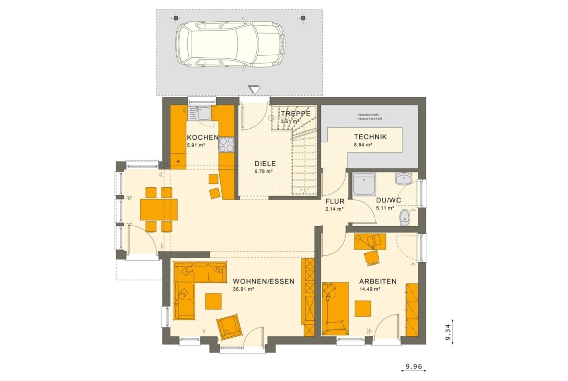 Einfamilienhaus Grundriss Erdgeschoss mit Carport, 5 Zimmer, 150 qm - Fertighaus Living Haus SUNSHINE 151 V5 - HausbauDirekt.de