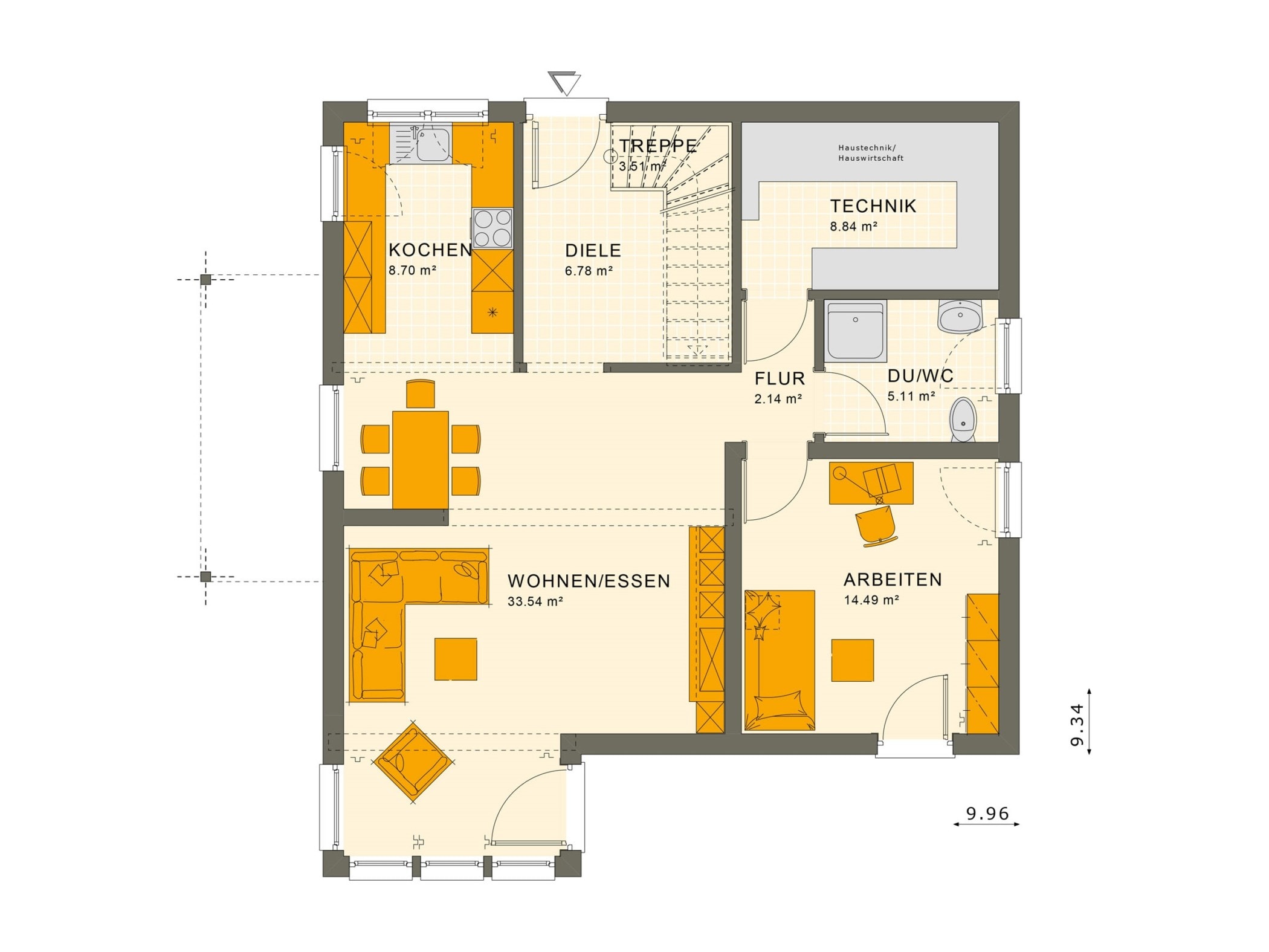 Einfamilienhaus Grundriss Erdgeschoss quadratisch mit Wintergarten Erker - Fertighaus Living Haus SUNSHINE 151 V4 - HausbauDirekt.de