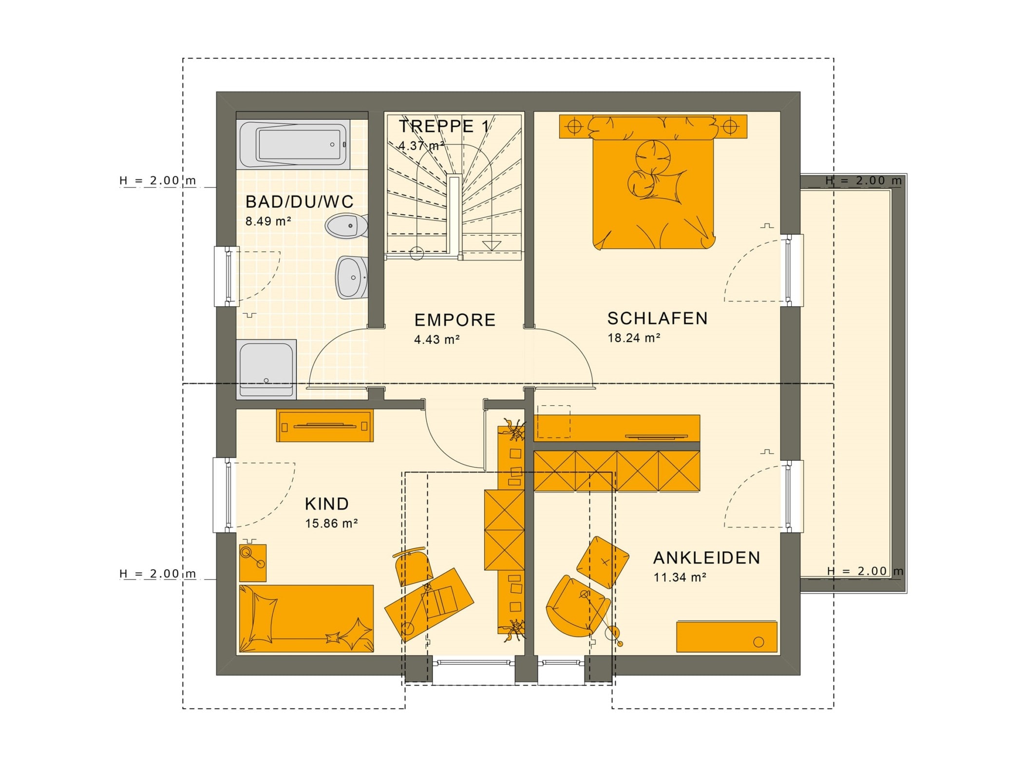 Fertighaus Grundriss Obergeschoss mit Satteldach, 4 Zimmer, 125 qm - Einfamilienhaus Neubau Living Haus SUNSHINE 126 V5 - HausbauDirekt.de
