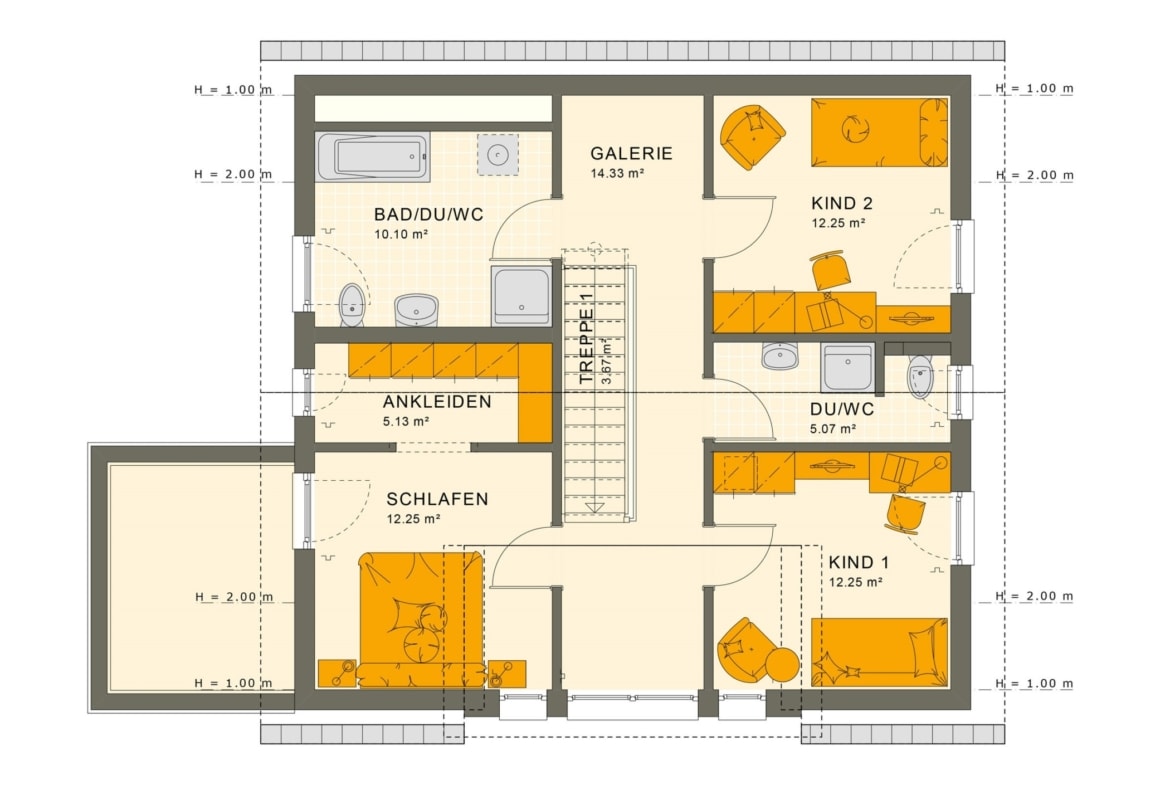 Fertighaus Grundriss Obergeschoss mit Satteldach & Galerie - Einfamilienhaus Neubau Living Haus SUNSHINE 154 V2 - HausbauDirekt.de