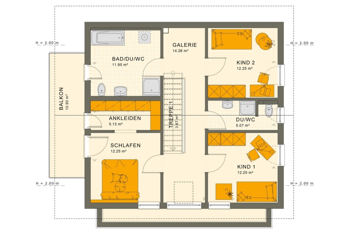 Einfamilienhaus Grundriss Obergeschoss mit Satteldach & gerade Treppe mit Galerie, 5 Zimmer, 150 qm - Fertighaus Living Haus SUNSHINE 154 V4 - HausbauDirekt.de