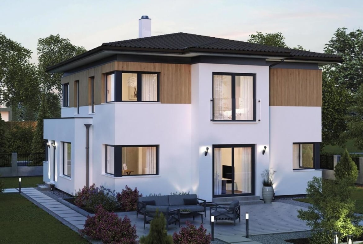 Fertighaus Stadtvilla modern mit Holz Putz Fassade & Walmdach - Einfamilienhaus bauen Ideen ELK Haus 161 - HausbauDirekt.de
