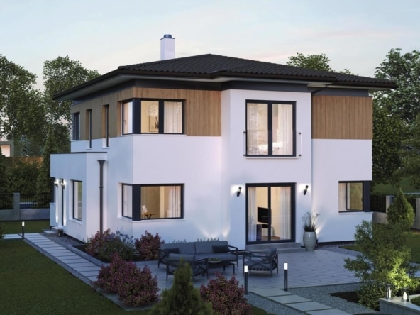 Fertighaus Stadtvilla modern mit Holz Putz Fassade & Walmdach - Einfamilienhaus bauen Ideen ELK Haus 161 - HausbauDirekt.de