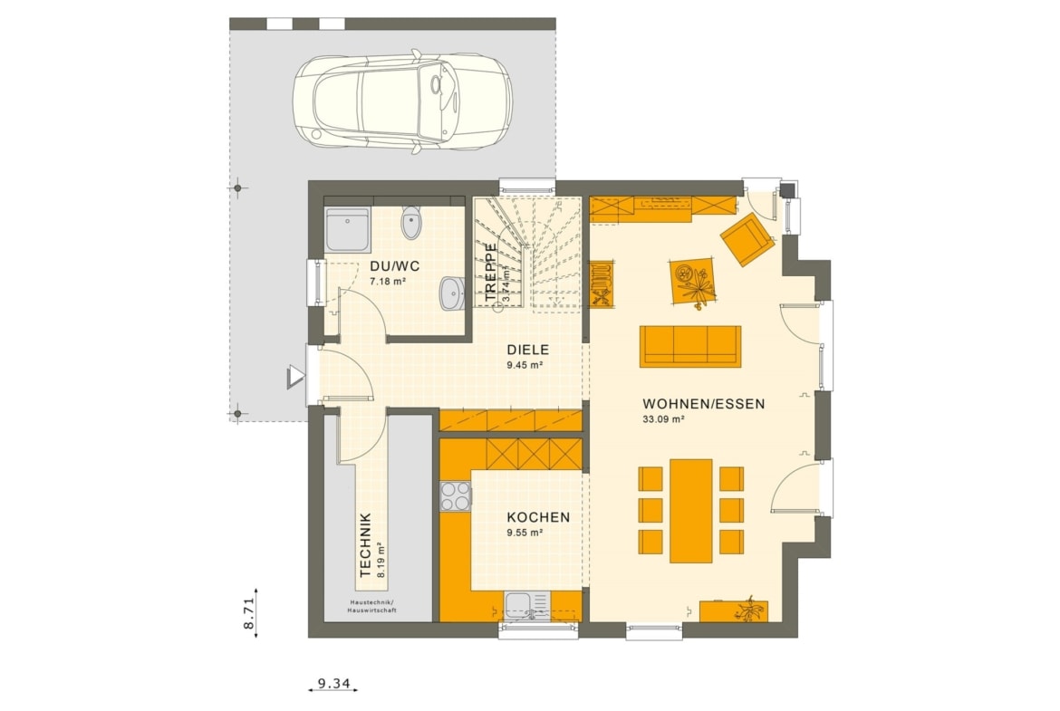 Fertighaus Stadtvilla Grundriss Erdgeschoss mit Carport - Einfamilienhaus Living Haus SUNSHINE 136 V6 - HausbauDirekt.de
