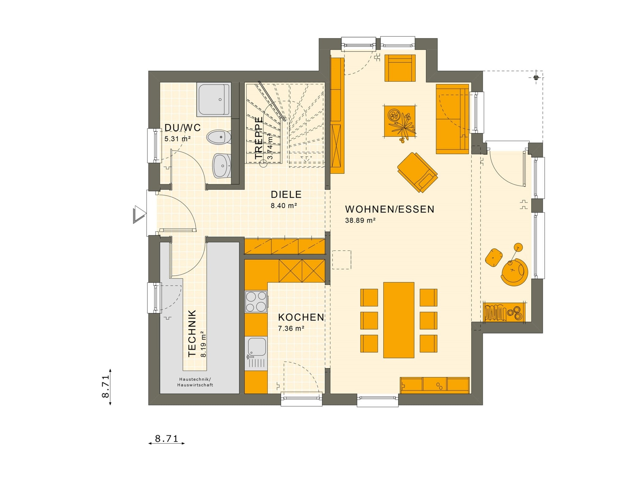 Fertighaus Stadtvilla Grundriss Erdgeschoss, 4 Zimmer, 125 qm - Einfamilienhaus Neubau Living Haus SUNSHINE 126 V8 - HausbauDirekt.de