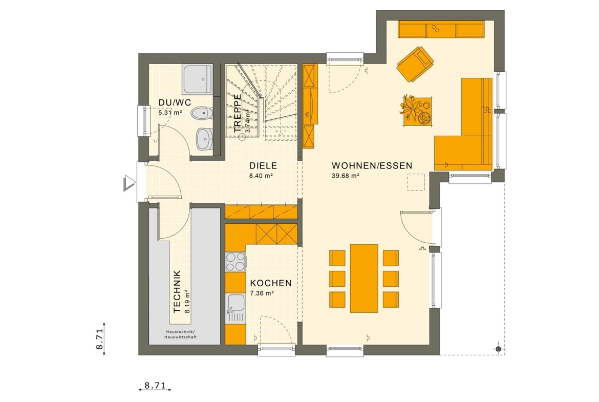 Fertighaus Stadtvilla Grundriss Erdgeschoss quadratisch mit Erker, 4 Zimmer, 125 qm -Einfamilienhaus Neubau Living Haus SUNSHINE 126 V7 - HausbauDirekt.de
