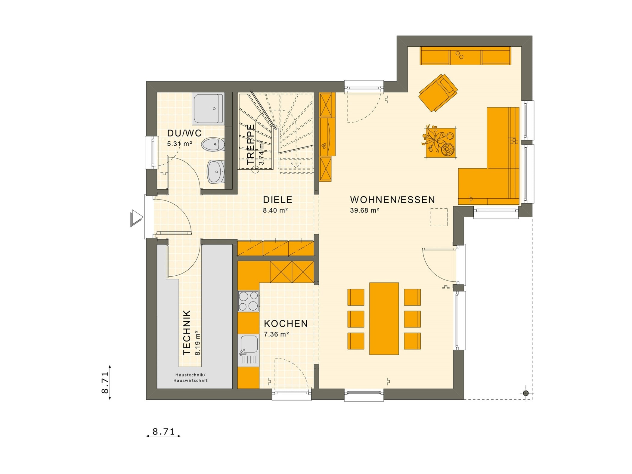 Fertighaus Stadtvilla Grundriss Erdgeschoss quadratisch mit Erker, 4 Zimmer, 125 qm -Einfamilienhaus Neubau Living Haus SUNSHINE 126 V7 - HausbauDirekt.de