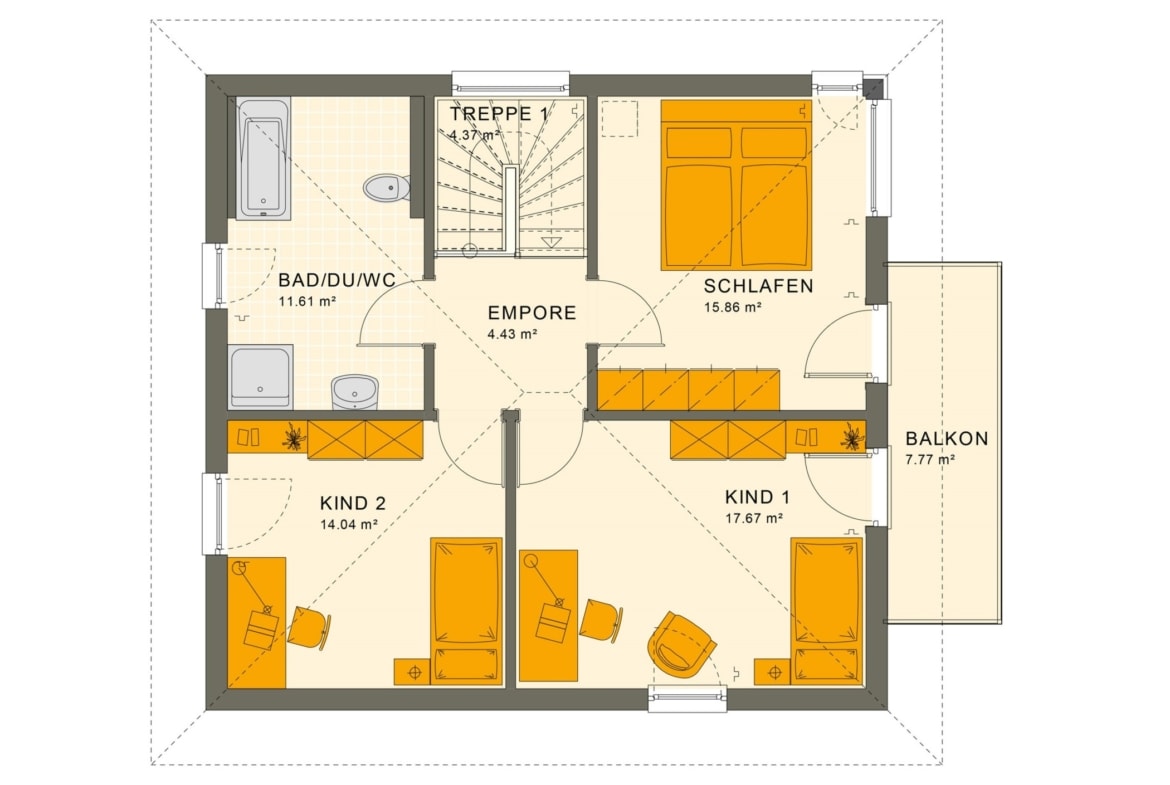Fertighaus Stadtvilla Grundriss mit Walmdach & Balkon, 5 Zimmer, 135 qm - Living Haus SUNSHINE 136 V7 - HausbauDirekt.de