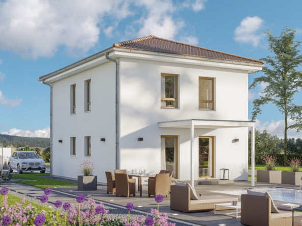 Fertighaus Stadtvilla mit Walmdach & Terrassenüberdachung, 4 Zimmer, 120 qm - Einfamilienhaus bauen Ideen Bien Zenker Haus EDITION 120 V5 - HausbauDirekt.de