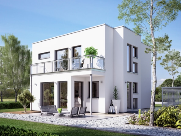 Fertighaus Stadtvilla modern mit Flachdach im Bauhausstil, 4 Zimmer, 125 qm - Einfamilienhaus Neubau Living Haus SUNSHINE 126 V8 - HausbauDirekt.de