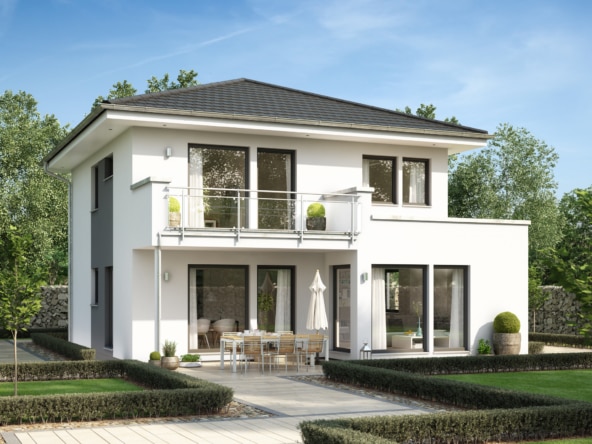 Fertighaus Stadtvilla modern mit Walmdach, 4 Zimmer, 125 qm -Einfamilienhaus Neubau Living Haus SUNSHINE 126 V7 - HausbauDirekt.de
