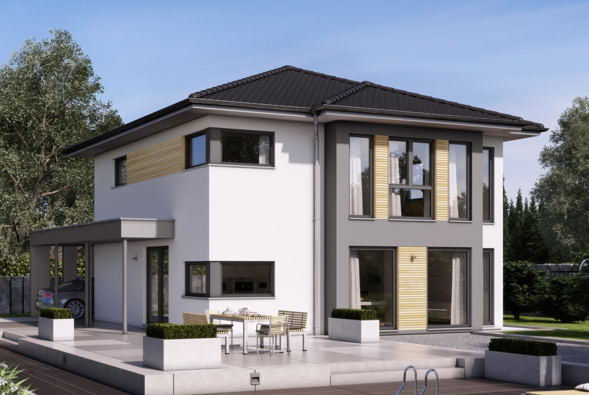 Fertighaus Stadtvilla modern mit Walmdach & Holz Putz Fassade, 5 Zimmer Grundriss, 150 qm - Living Haus SUNSHINE 151 V6 - HausbauDirekt.de