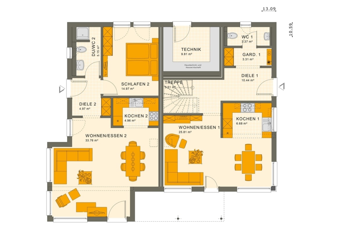 Fertighaus mit Einliegerwohnung Grundriss Erdgeschoss - Haus bauen Ideen Einfamilienhaus SOLUTION 230 V5 von Living Haus - HausbauDirekt.de
