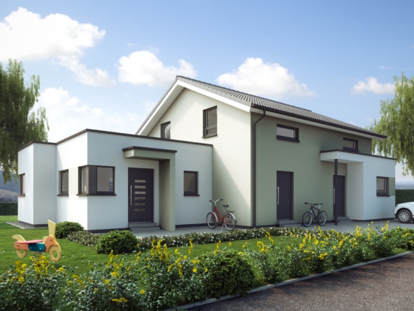 Einfamilienhaus mit Einliegerwohnung im Anbau & Satteldach Architektur - Fertighaus schlüsselfertig bauen Ideen Living Haus SOLUTION 183 V5 - HausbauDirekt.de