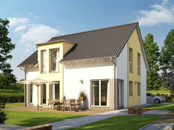 Fertighaus mit Satteldach & Zwerchgiebel, 5 Zimmer, 150 qm - Einfamilienhaus Living Haus SUNSHINE 151 V3 - HausbauDirekt.de