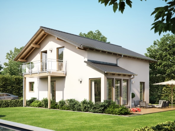 Fertighaus mit Satteldach, Wintergarten Erker & Balkon, 5 Zimmer Grundriss, 150 qm - Einfamilienhaus Neubau Living Haus SUNSHINE 151 V4 - HausbauDirekt.de