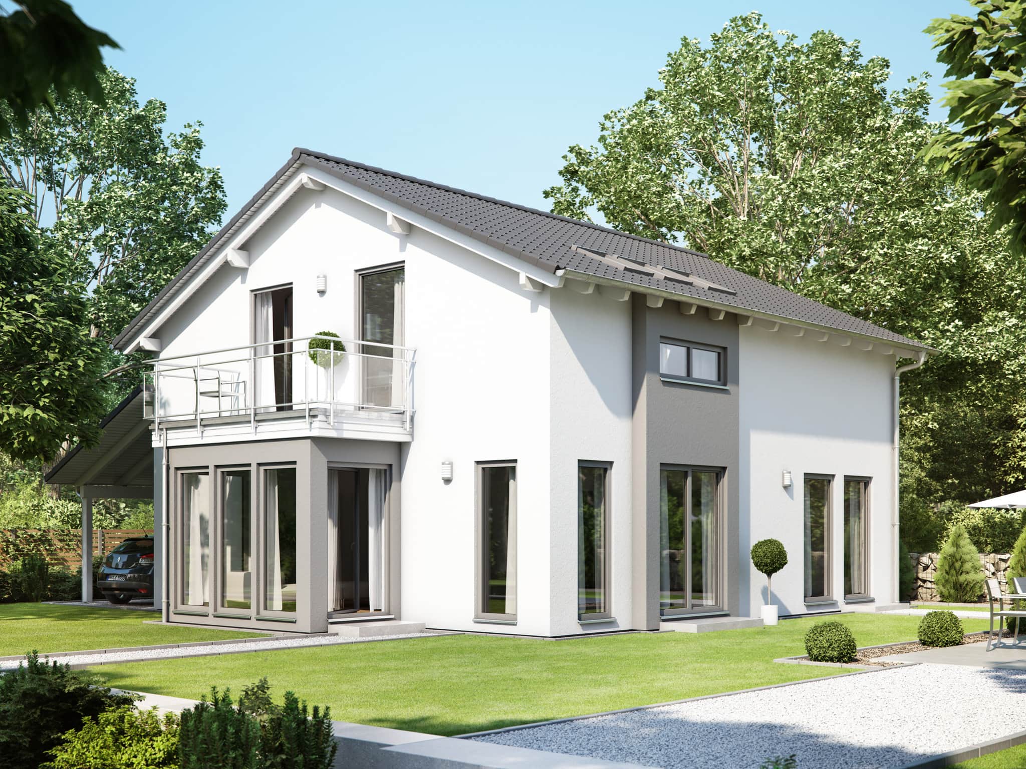 Modernes Fertighaus mit Satteldach, Wintergarten Erker & Balkon, 5 Zimmer Grundriss, 150 qm - Living Haus SUNSHINE 151 V5 - HausbauDirekt.de