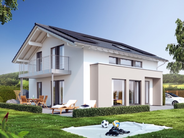 Fertighaus modern mit Satteldach flach, Erker & Balkon, 5 Zimmer, 150 qm - Living Haus SUNSHINE 154 V4 - HausbauDirekt.de