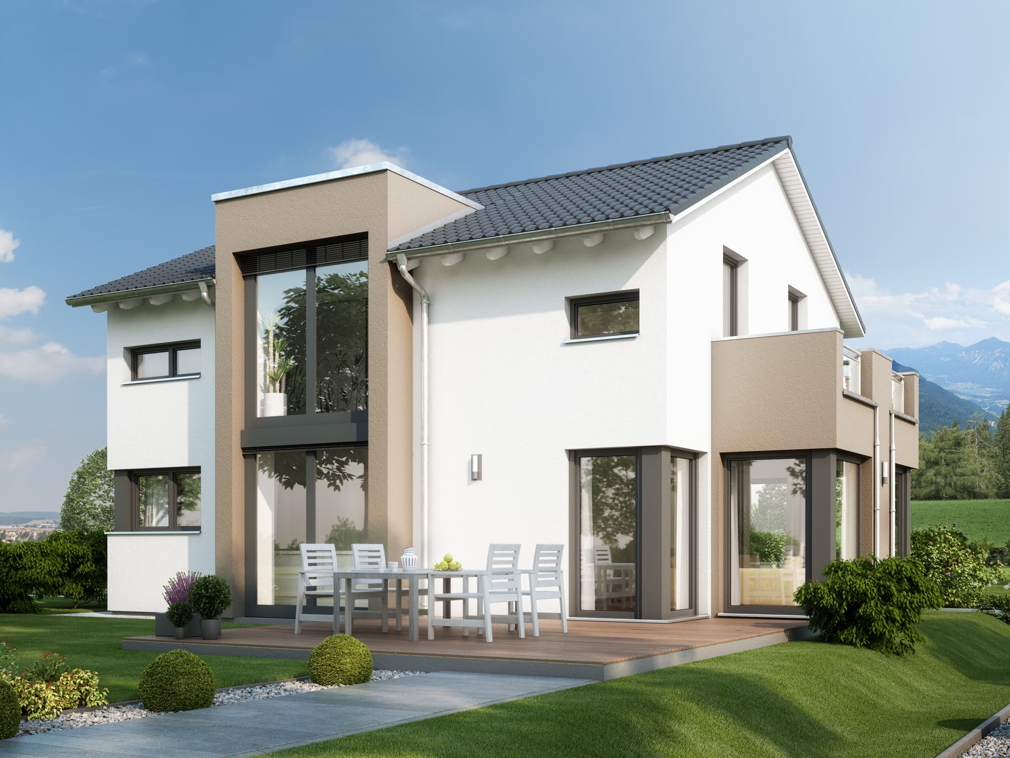 Fertighaus modern mit Satteldach, Quergiebel & Wintergarten Erker mit Balkon - Haus bauen Ideen Bien Zenker Einfamilienhaus EVOLUTION 134 V6 - HausbauDirekt.de