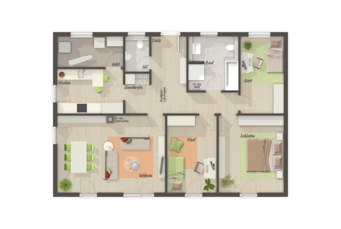 Bungalow Haus Grundriss rechteckig mit separater Küche & Walmdach, 4 Zimmer, 108 qm - Haus Pläne Bungalow 110 von Town Country Haus - HausbauDirekt.de