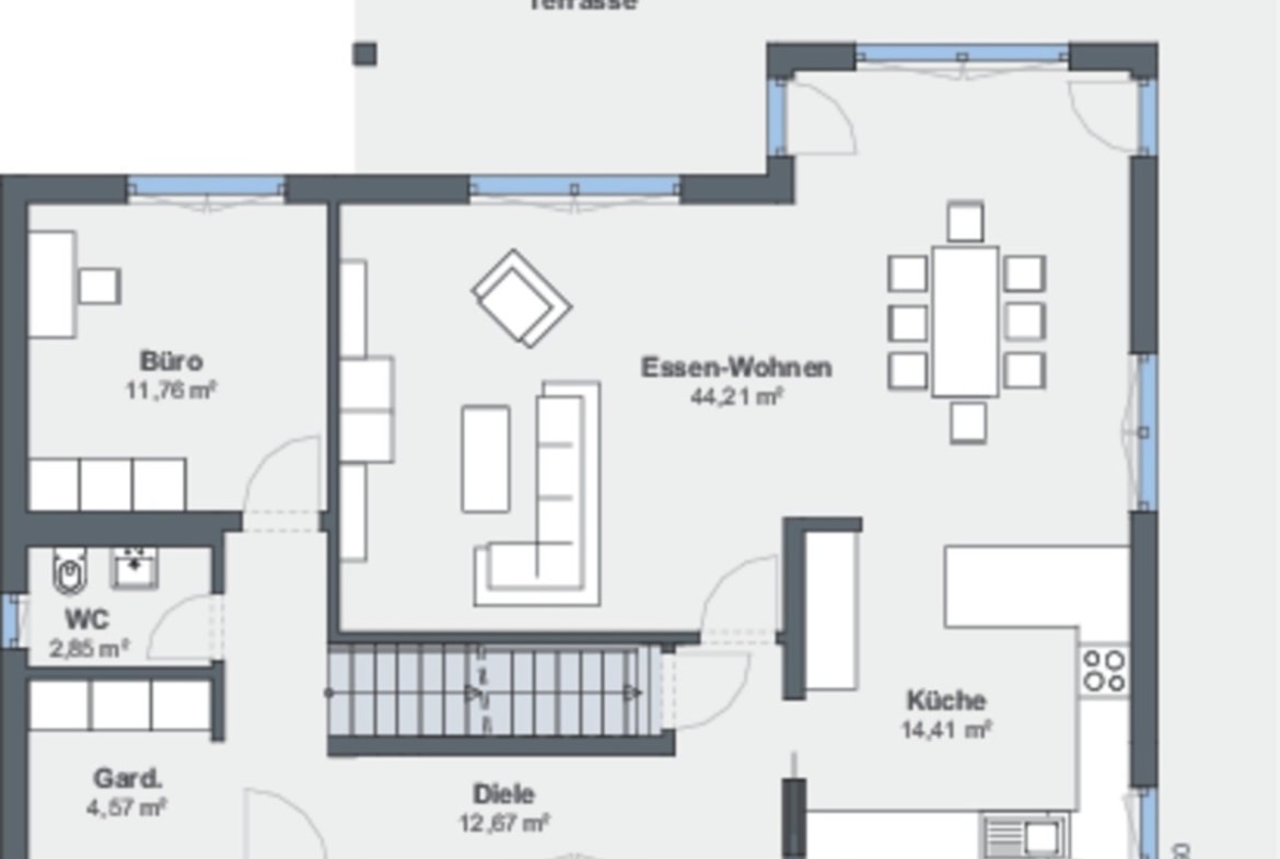 Einfamilienhaus Grundriss Erdgeschoss Treppe gerade - Haus bauen Design Ideen WeberHaus Fertighaus Sunshine 310 - HausbauDirekt.de