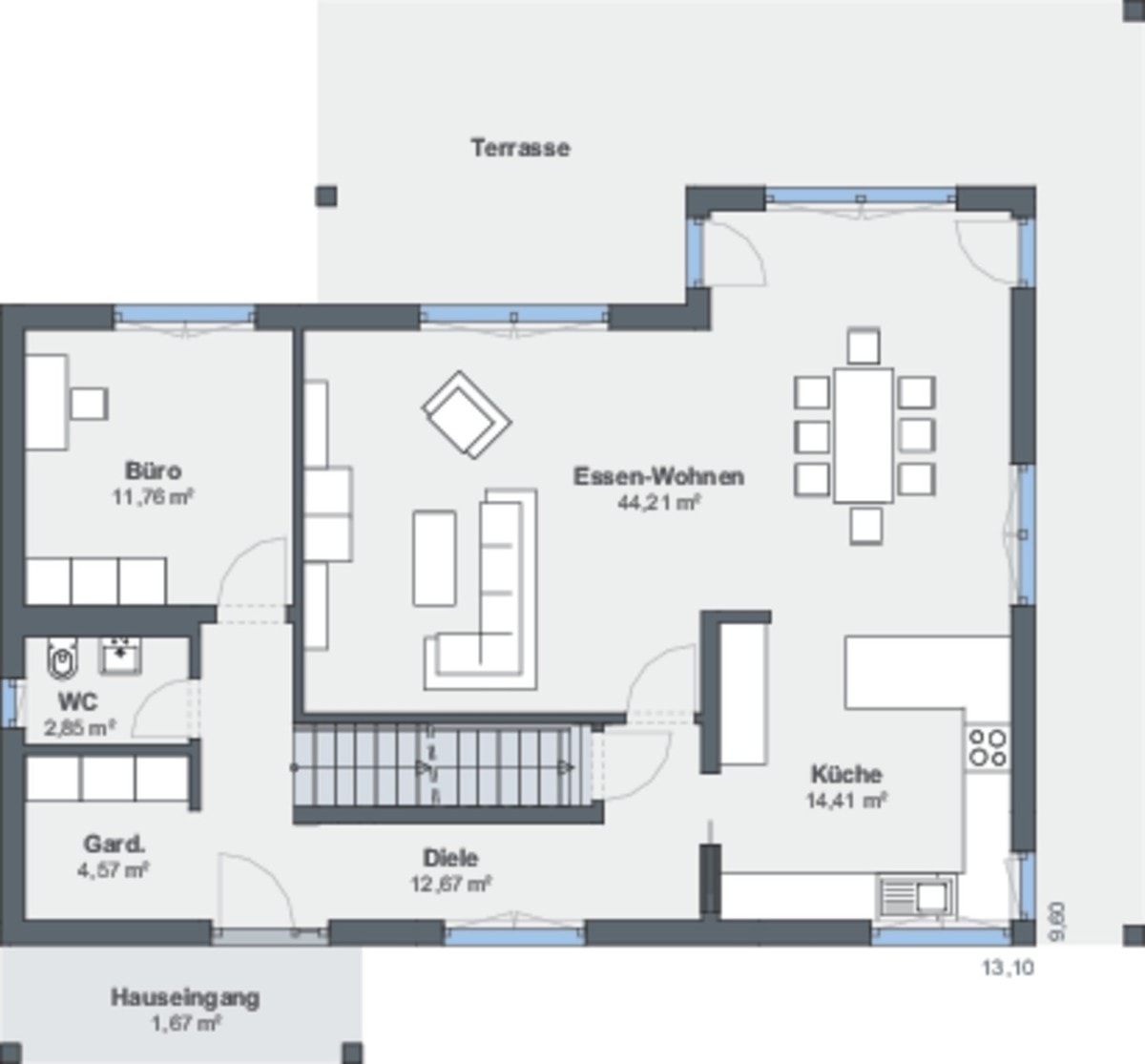 Einfamilienhaus Grundriss Erdgeschoss Treppe gerade - Haus bauen Design Ideen WeberHaus Fertighaus Sunshine 310 - HausbauDirekt.de