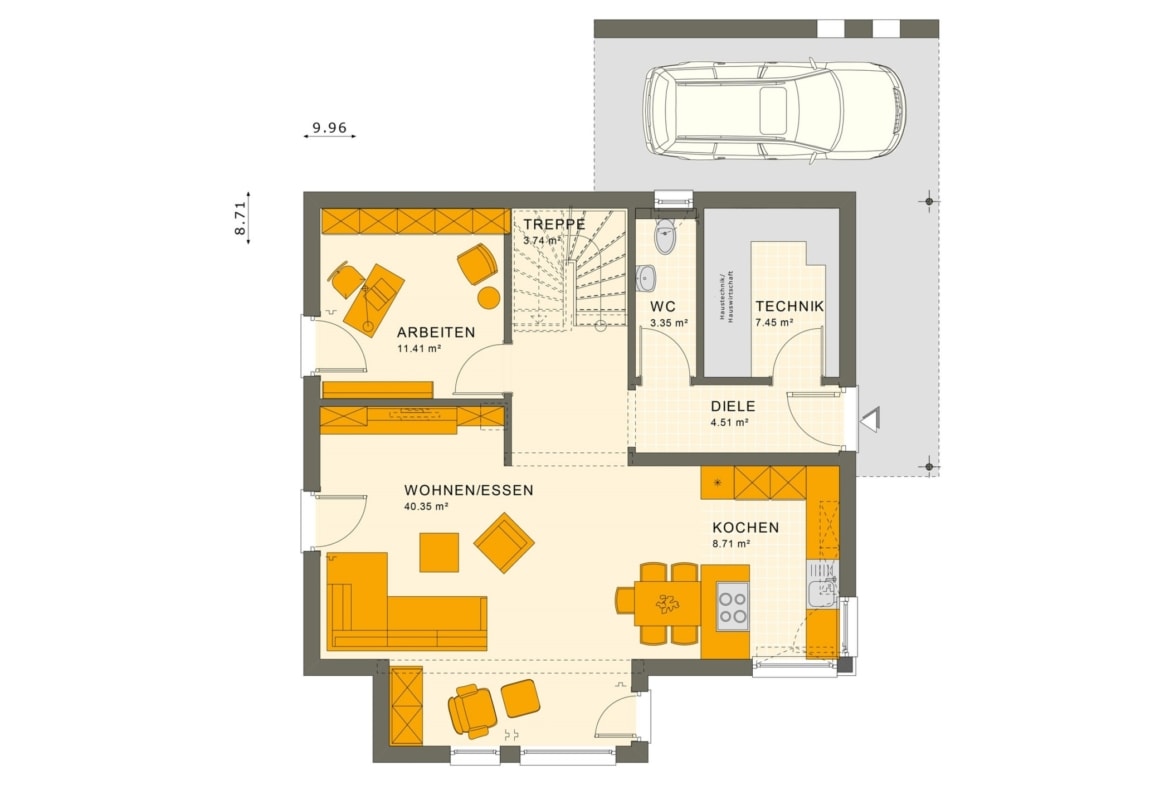 Einfamilienhaus Grundriss Erdgeschoss mit Carport & Erker, 5 Zimmer, 145 qm - Living Haus Fertighaus SUNSHINE 143 V5 - HausbauDirekt.de