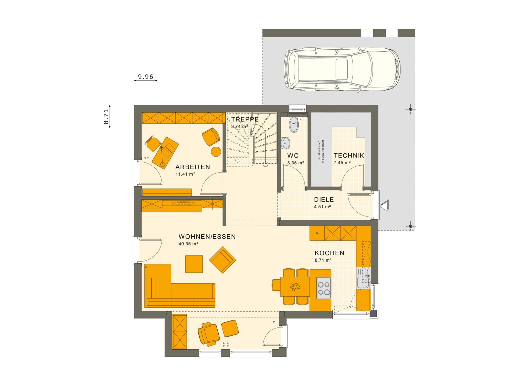 Einfamilienhaus Grundriss Erdgeschoss mit Carport & Erker, 5 Zimmer, 145 qm - Living Haus Fertighaus SUNSHINE 143 V5 - HausbauDirekt.de