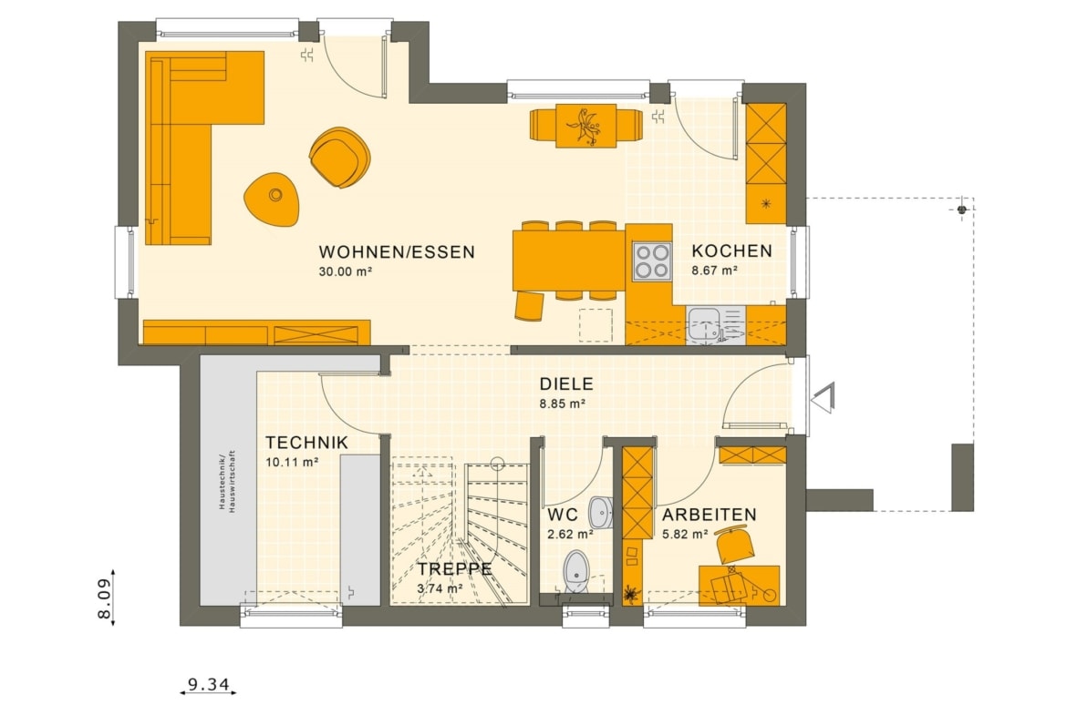 Grundriss Einfamilienhaus Erdgeschoss offen mit Erker - Fertighaus Living Haus SUNSHINE 125 V5 - HausbauDirekt.de