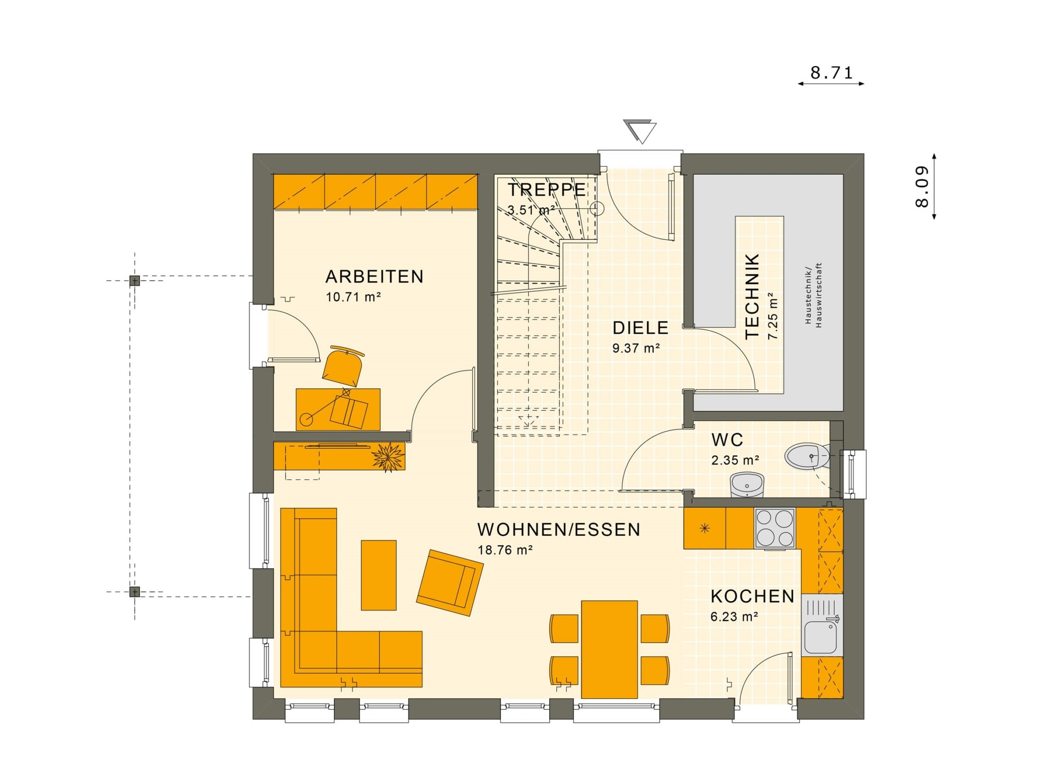 Grundriss Einfamilienhaus Erdgeschoss offen, 114 qm, 5 Zimmer - Haus bauen Ideen Fertighaus SUNSHINE 113 V4 von Living Haus - HausbauDirekt.de