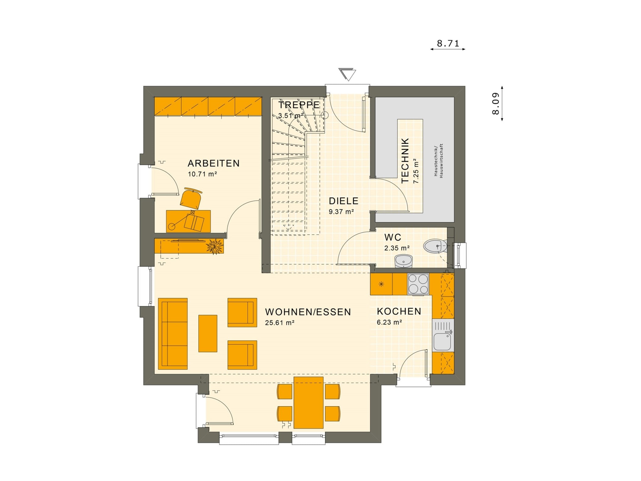 Grundriss Einfamilienhaus Erdgeschoss quadratisch mit Erker & Küche offen - Haus bauen Ideen Fertighaus SUNSHINE 113 V5 von Living Haus - HausbauDirekt.de
