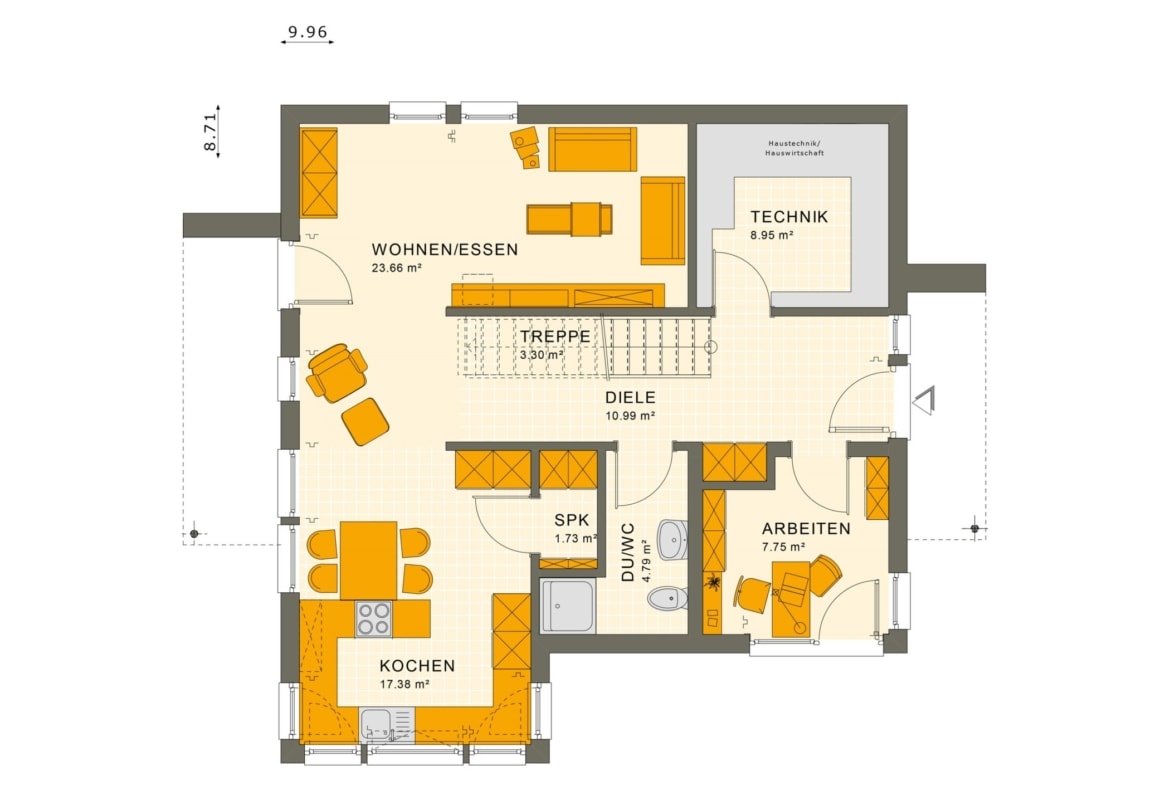 Grundriss Einfamilienhaus Erdgeschoss offen, gerade Treppe mittig - Fertighaus SUNSHINE 144 V5 von Living Haus - HausbauDirekt.de