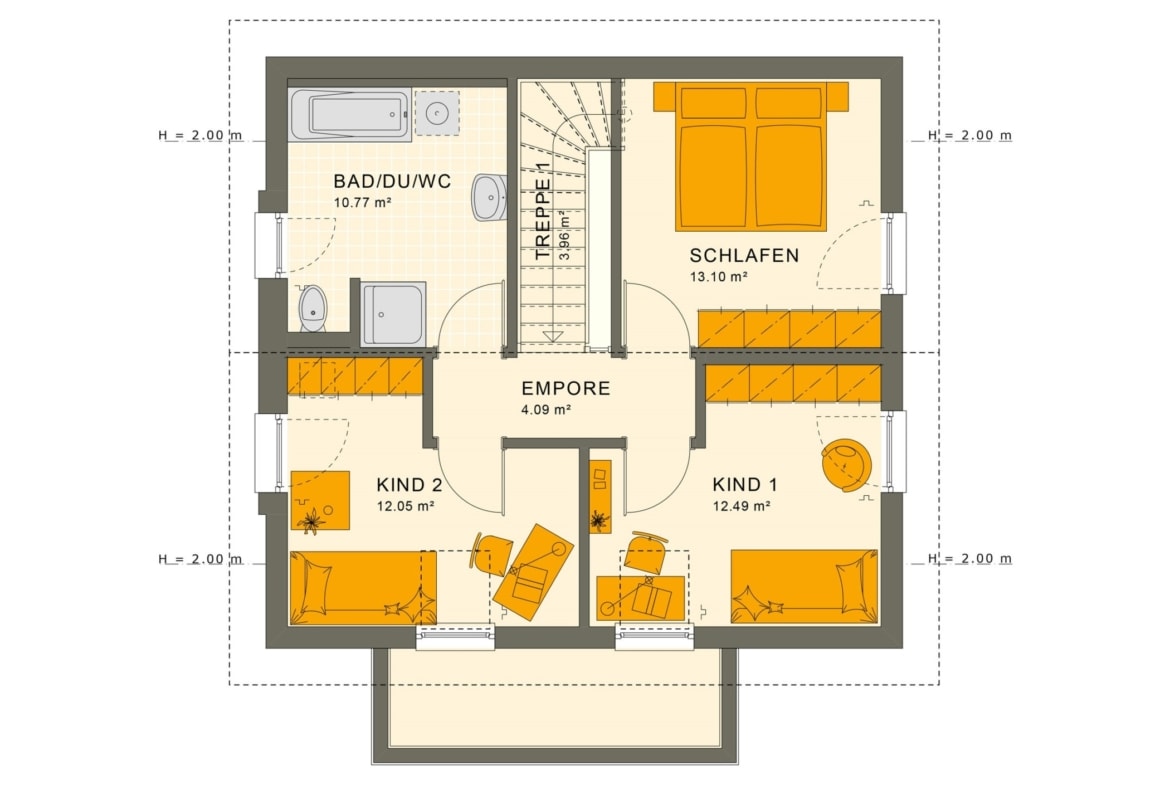 Grundriss Einfamilienhaus Obergeschoss quadratisch mit Satteldach Architektur - Haus bauen Ideen Fertighaus SUNSHINE 113 V5 von Living Haus - HausbauDirekt.de