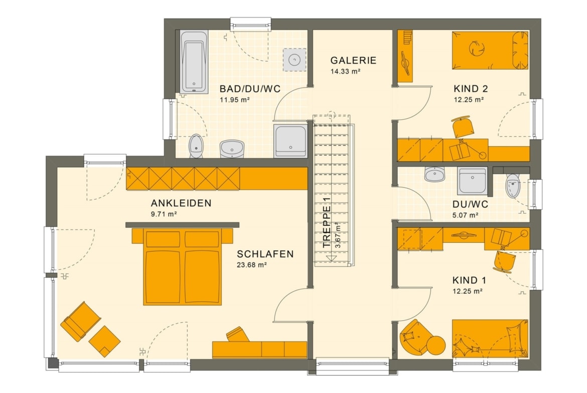 Grundriss Einfamilienhaus Obergeschoss Treppe gerade mit Galerie & Flachdach, 5 Zimmer, 154 qm - Living Haus Fertighaus SUNSHINE 154 V7 - HausbauDirekt.de