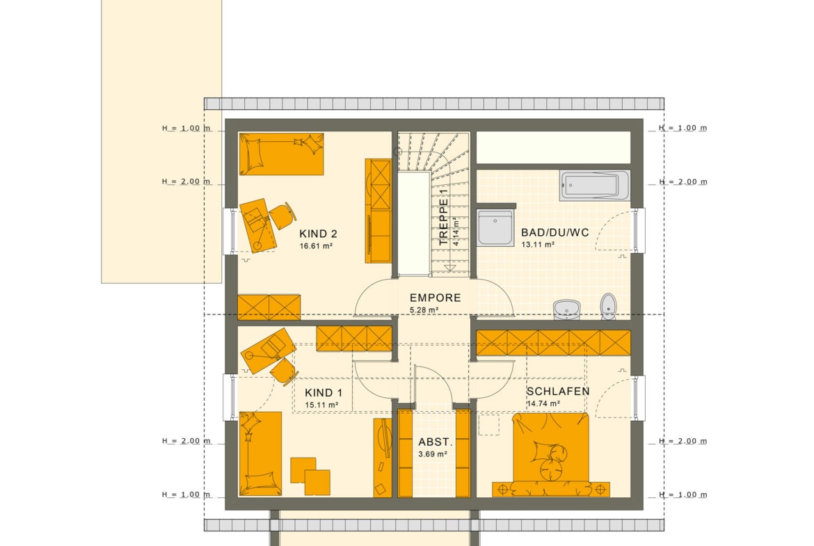 Grundriss Einfamilienhaus Obergeschoss mit Satteldach, 5 Zimmer, 150 qm - Fertighaus Living Haus SUNSHINE 151 V2 - HausbauDirekt.de