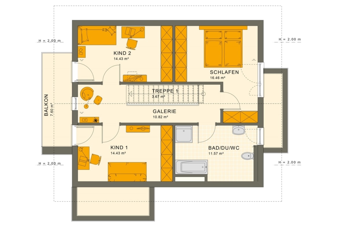 Grundriss Einfamilienhaus Obergeschoss Treppe mit Galerie, Balkon & Satteldach - Fertighaus SUNSHINE 144 V5 von Living Haus - HausbauDirekt.de