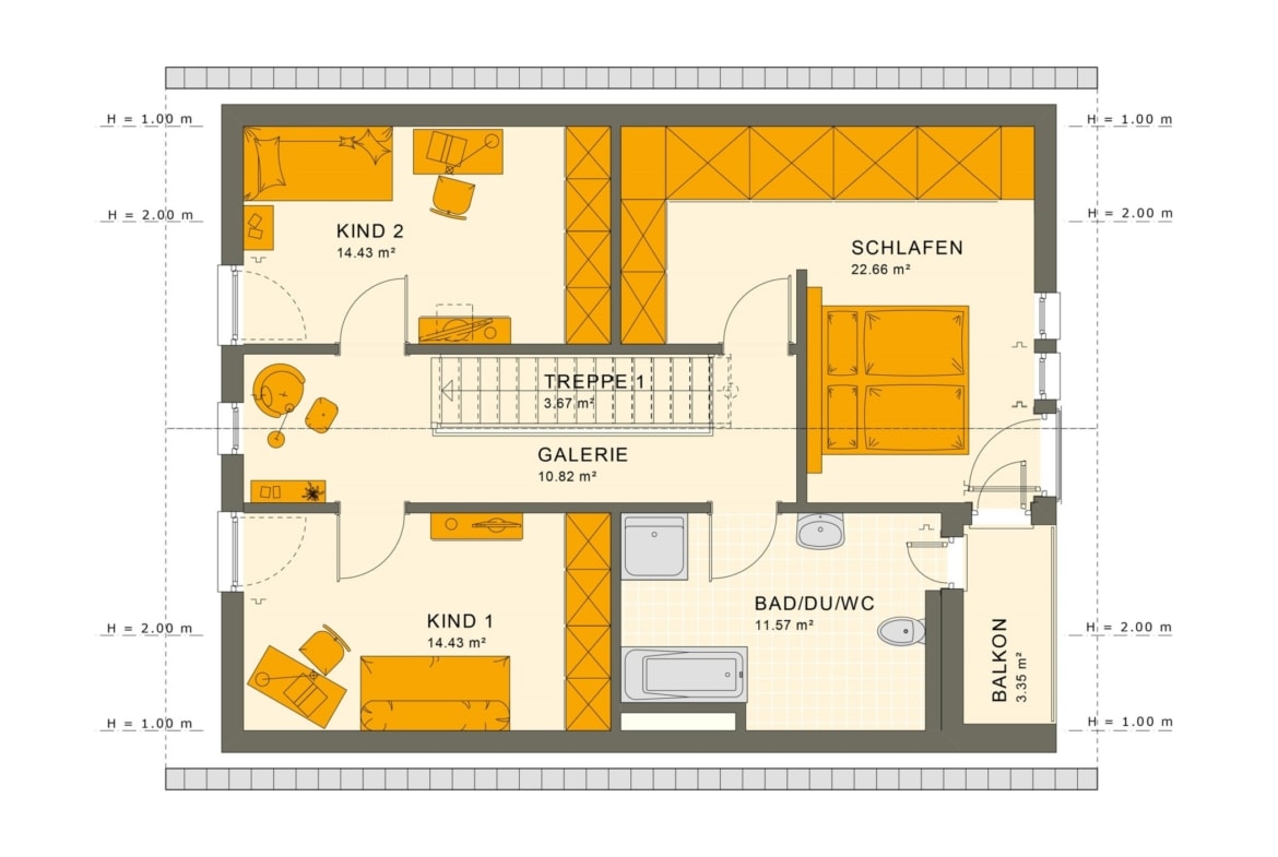 Grundriss Einfamilienhaus Obergeschoss gerade Treppe & Satteldach, 5 Zimmer, 140 qm - Fertighaus Living Haus SUNSHINE 144 V2 - HausbauDirekt.de