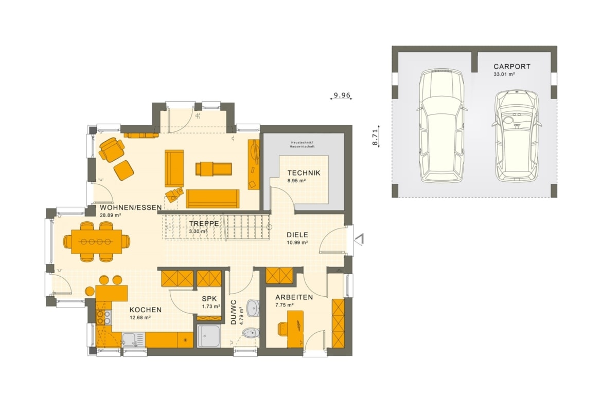 Grundriss Einfamilienhaus Erdgeschoss Treppe gerade & Doppelcarport - Fertighaus Living Haus SUNSHINE 144 V3 - HausbauDirekt.de