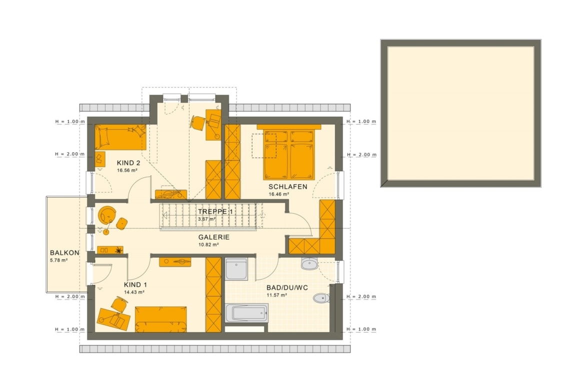 Grundriss Einfamilienhaus Obergeschoss mit Satteldach & Galerie - Fertighaus Living Haus SUNSHINE 144 V3 - HausbauDirekt.de