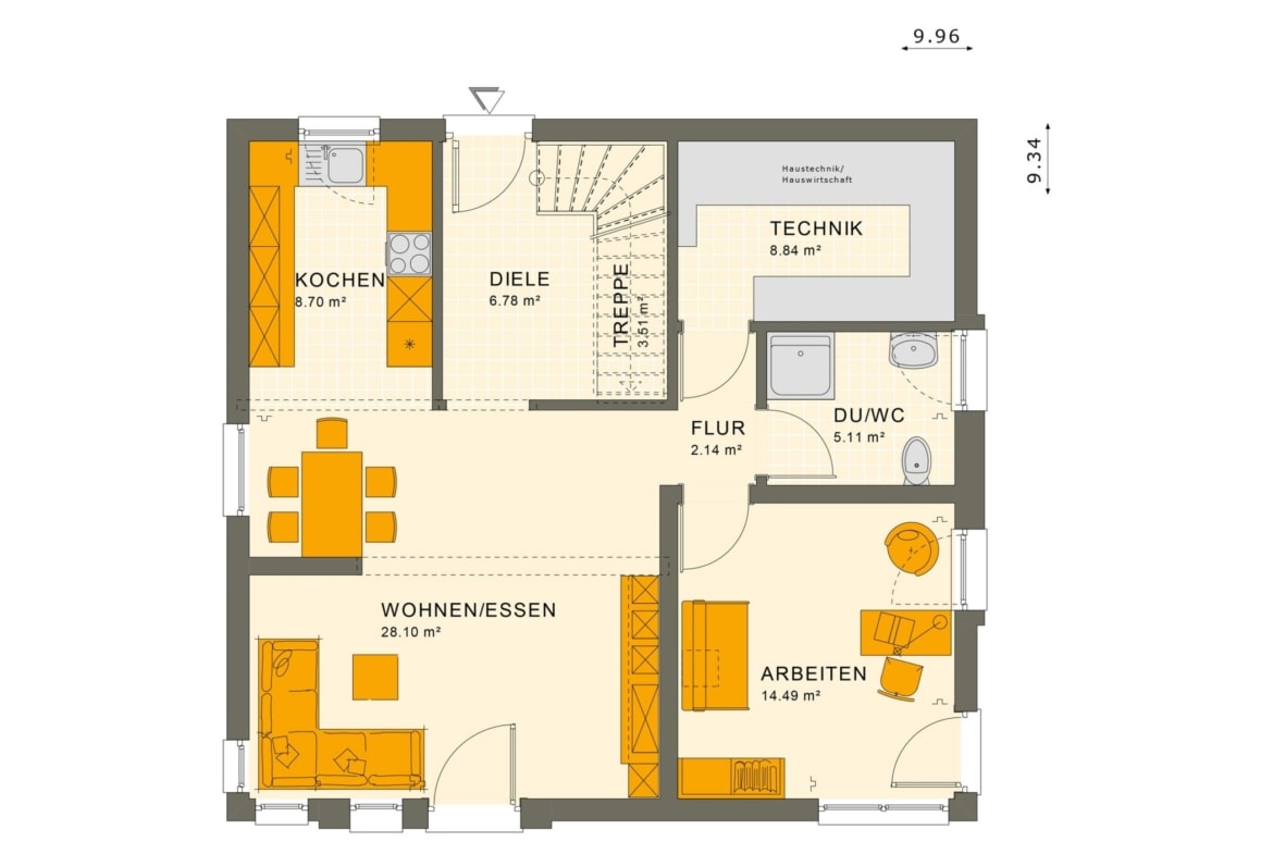 Fertighaus Grundriss Erdgeschoss quadratisch, 5 Zimmer, 150 qm - Einfamilienhaus Living Haus SUNSHINE 151 V3 - HausbauDirekt.de