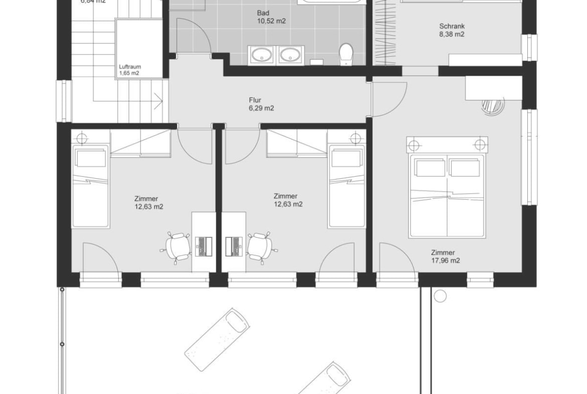 Einfamilienhaus Grundriss Obergeschoss modern mit Flachdach & Dachterrasse, 5 Zimmer, 160 qm - Haus Design Ideen Skizze Fertighaus ELK Haus 164 - HausbauDirekt.de