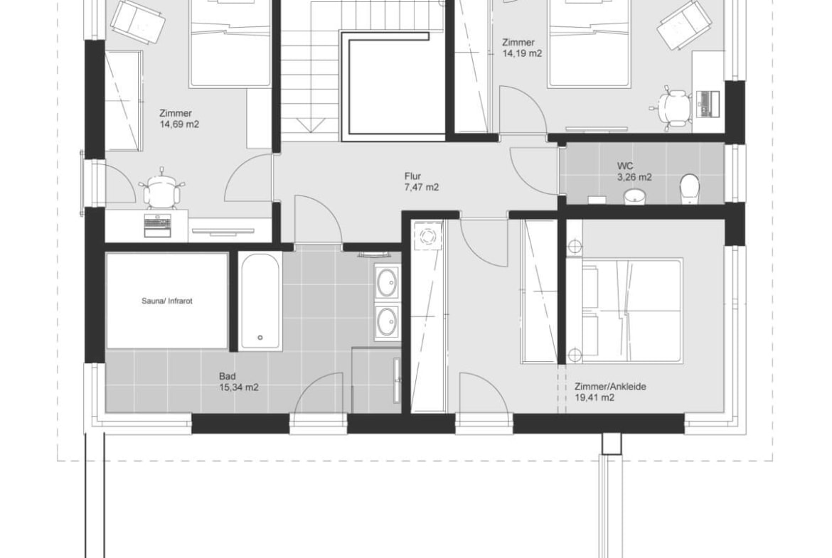 Einfamilienhaus Grundriss Obergeschoss mit Flachdach - Haus Design Ideen Fertighaus ELK Haus 186 - HausbauDirekt.de