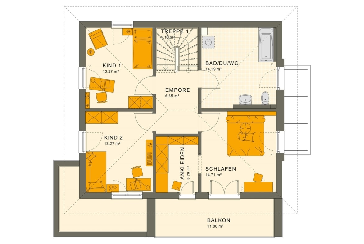 Grundriss Stadtvilla Obergeschoss mit Walmdach & Balkon, 5 Zimmer, 145 qm - Fertighaus bauen Ideen Living Haus SUNSHINE 143 V6 - HausbauDirekt.de